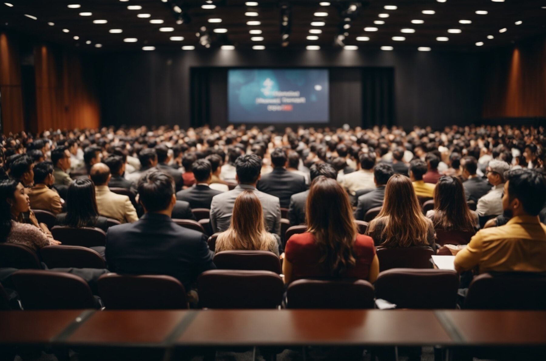 A large professional audience gathered for a conference presentation