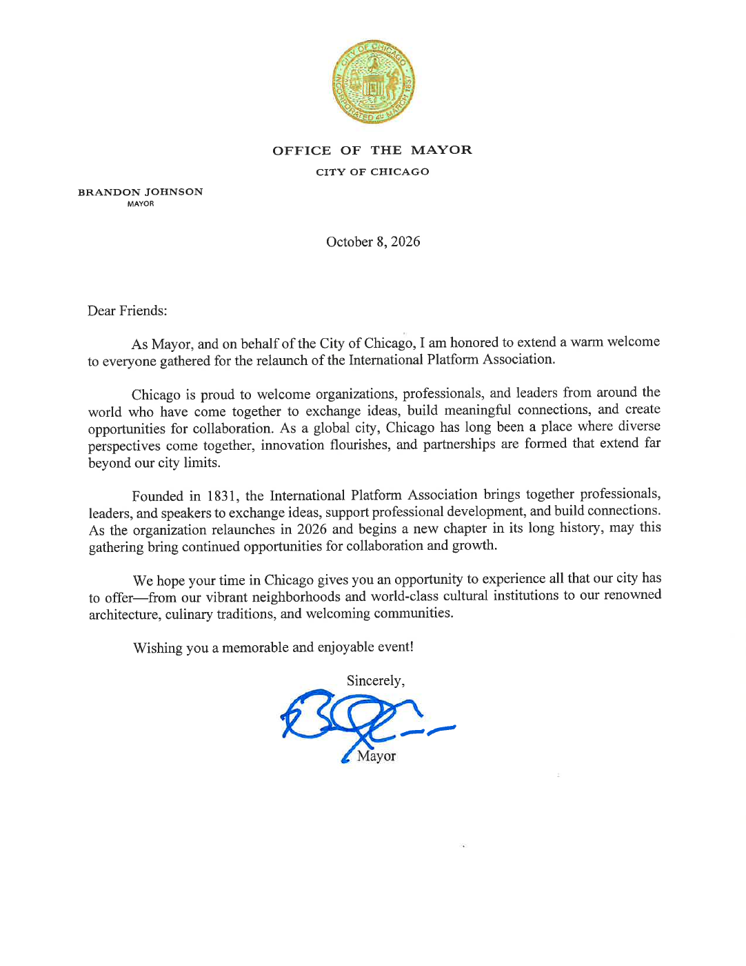 Official City of Chicago welcome letter for the International Platform Association relaunch, signed by Mayor Brandon Johnson